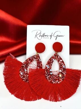 Red Glitter Tassel Statement Earrings Holiday Party NWT